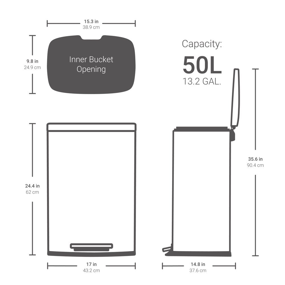 Qualiazero Rectangular Step Garbage Can 3 Piece Combo, 13.2 Gal , Two 1.3 Gal, Stainless Steel