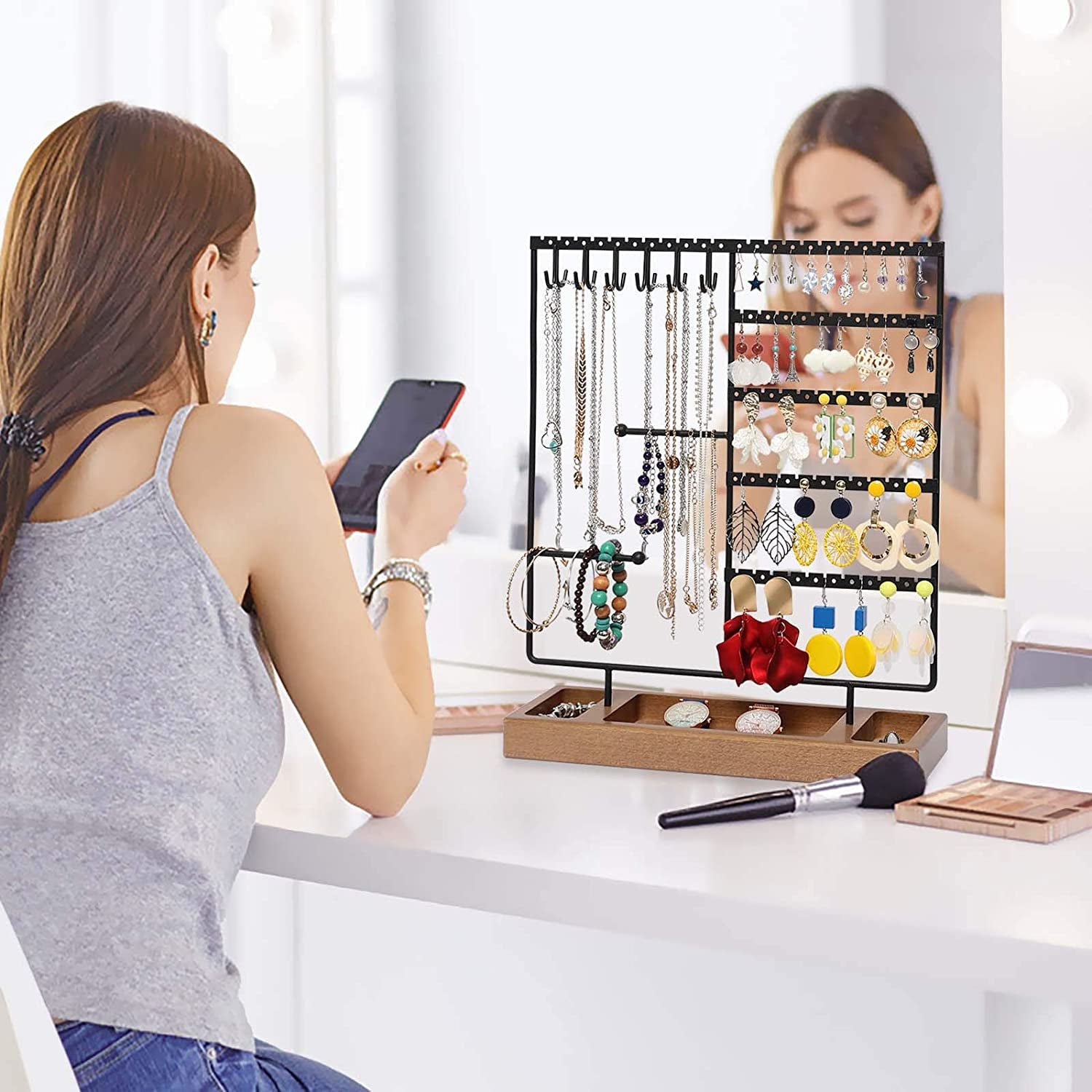 X-Cosrack Earring Holder,5-Tier Ear Stud Holder with Wooden Tray,Jewelry Organizer Holder for Earrings Necklaces Bracelets Watches and Rings,Earring Display Stand with 132 Holes,Black