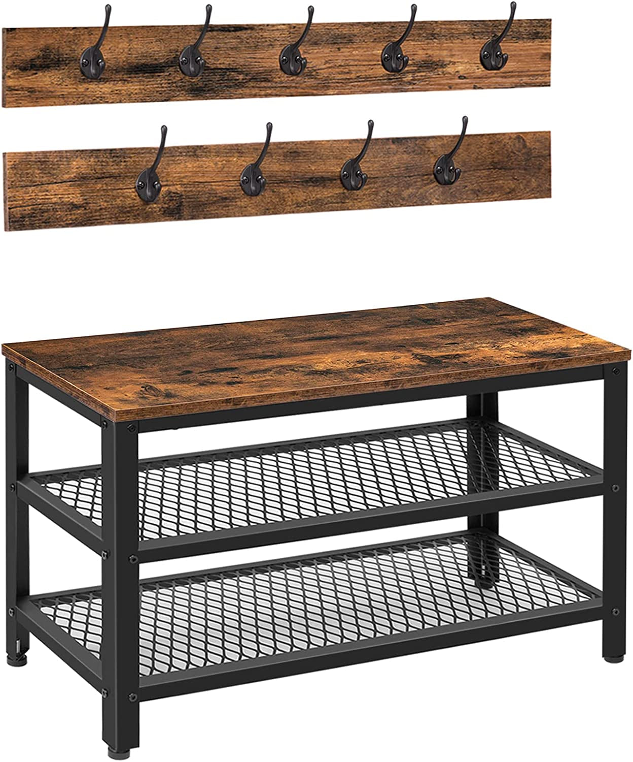 Coat Rack Shoe Bench, Hall Tree Entryway Storage Bench, Shoe Rack Organizer with Coat Hooks, 3-In-1 Design, Wood Furniture with Metal Frame, Rustic Brown and Black BF17MT01