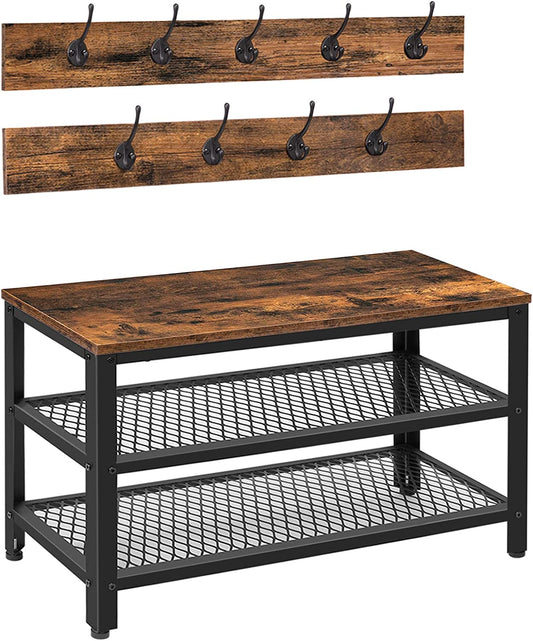 Coat Rack Shoe Bench, Hall Tree Entryway Storage Bench, Shoe Rack Organizer with Coat Hooks, 3-In-1 Design, Wood Furniture with Metal Frame, Rustic Brown and Black BF17MT01
