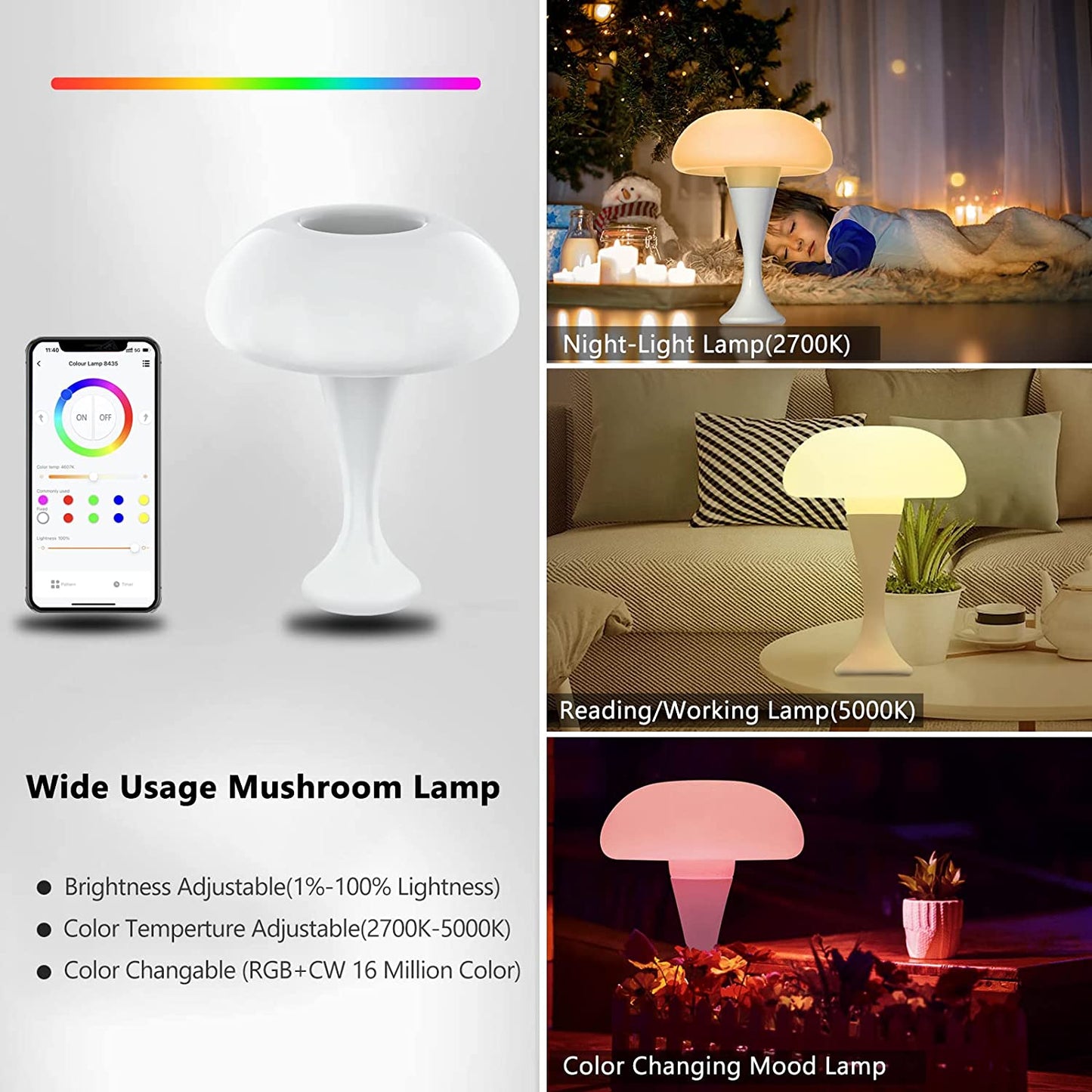 RGB Color Changing Mushroom Lamp, Smart Ambient Light Table Lamp with APP Control, Night Light for Kids Room, Nursery, Bedside Nightstand Lamps for Bedroom Living Room Desk Best Gift (White)