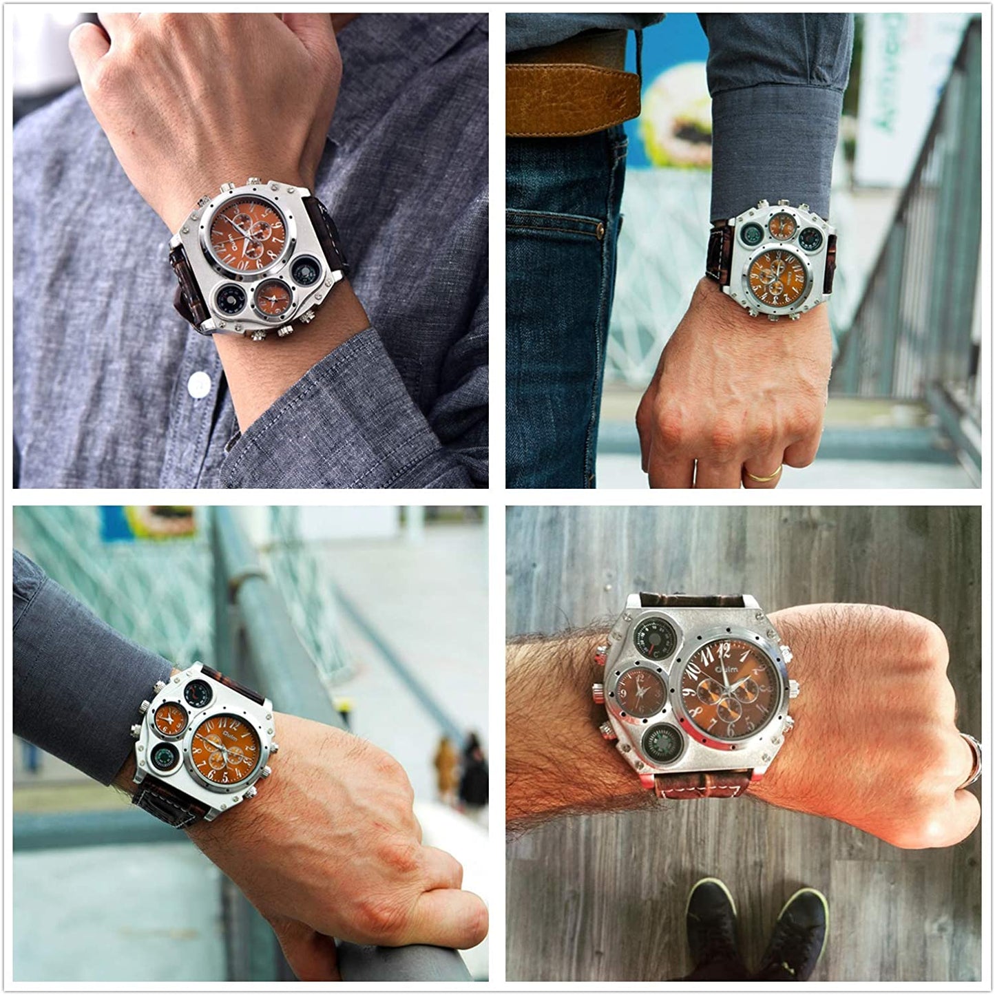 Mens Big Face Watch, Dual Time Zone Leather Strap Sport Watch, Analog Quartz Wrist Watch with Decorative Compass Thermometer Dial