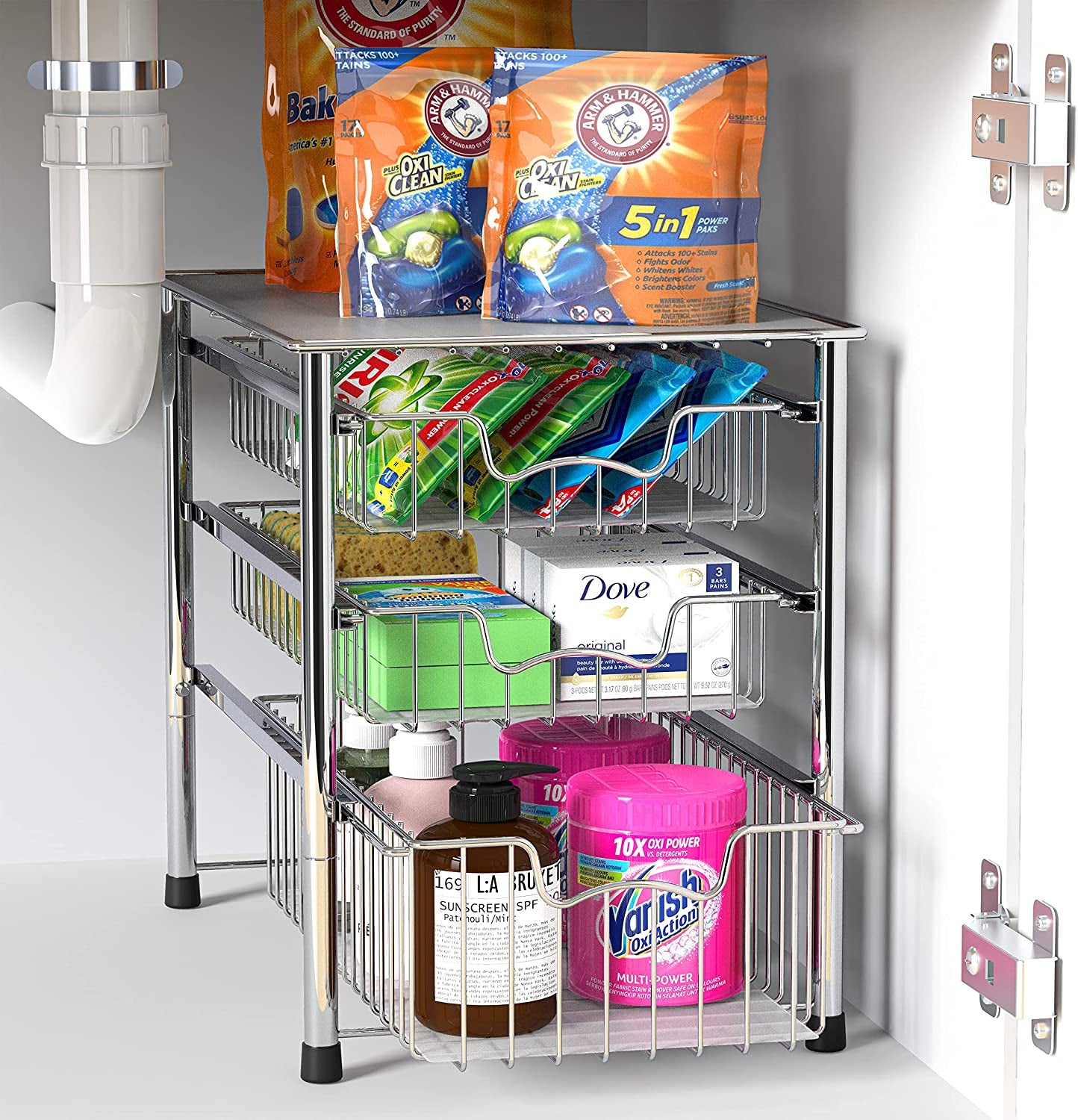 Stackable 3 Tier Sliding Basket Organizer Drawer, Chrome