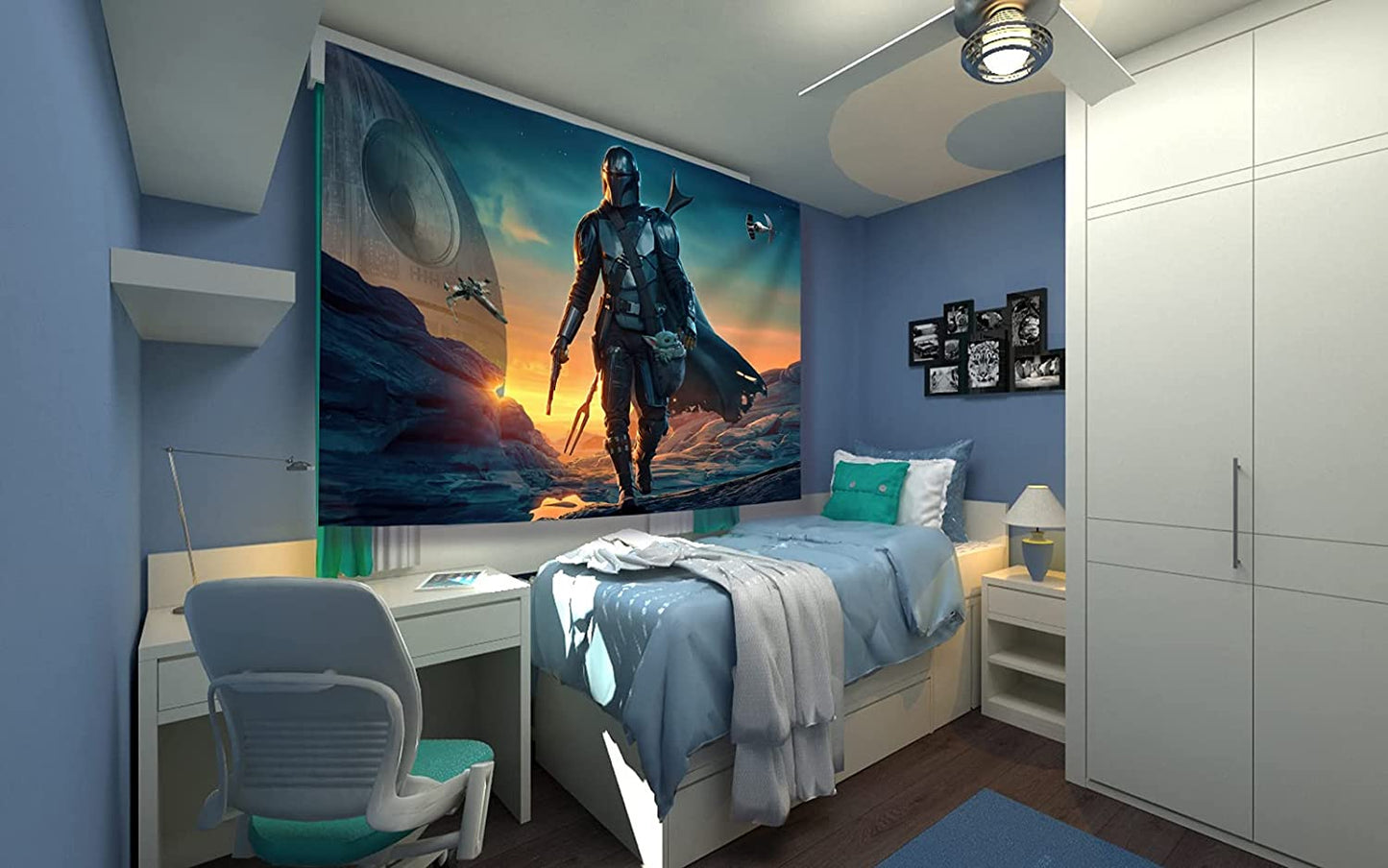 Tapestry Banner Star Wars Mandalorian Yoda Blue Death Star Wall Posters Wall Hanging Decoration for Bedroom Dorm Cool-For Party Art Wall Tapestry (Mandalorian Yoda, 39''X 59'')