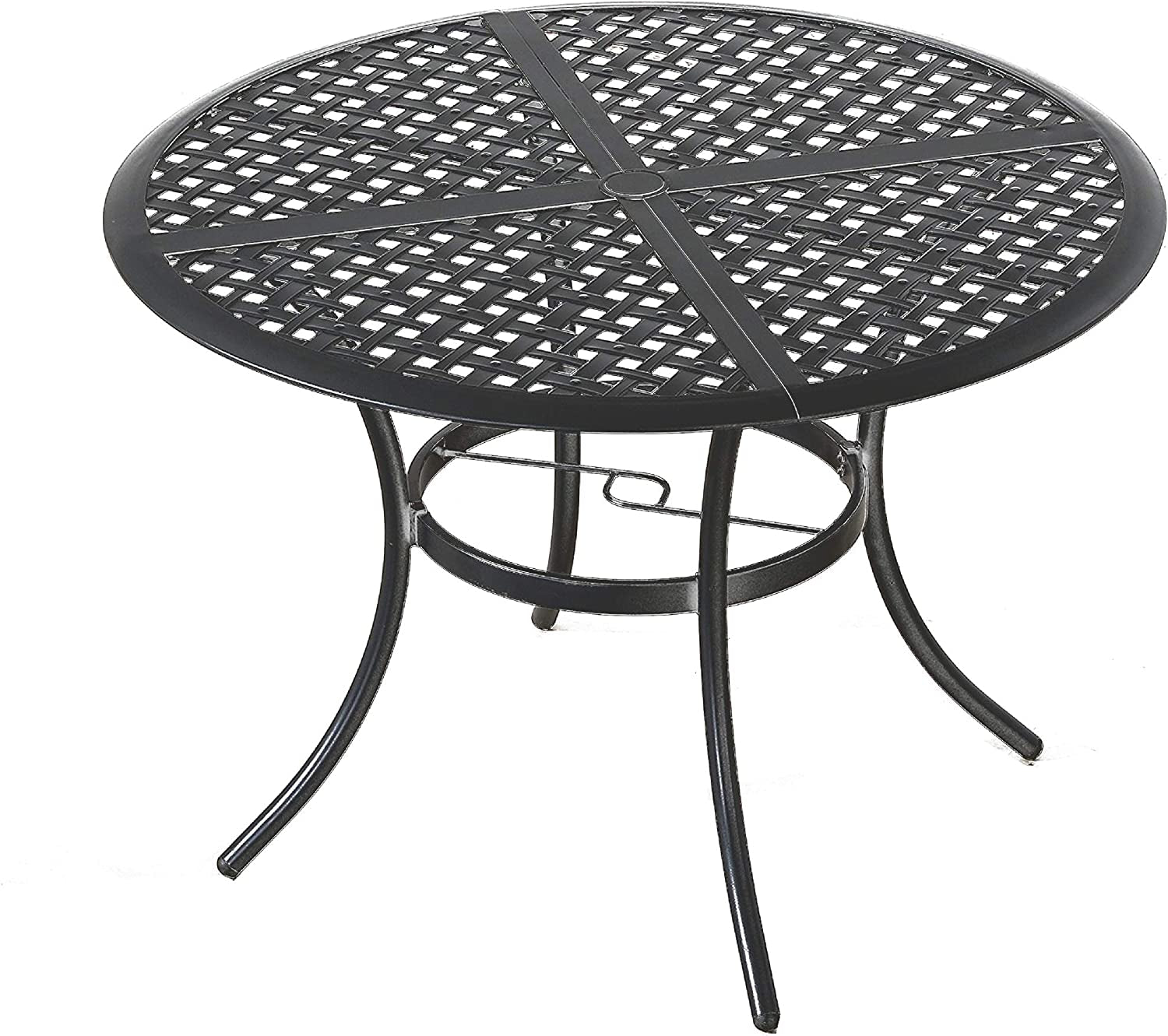 42.1" Outdoor round Cast Wrought Iron Patio Metal Dining Table with Umbrella Hole, Steel Frame for Backyard Lawn Balcony Deck, Black