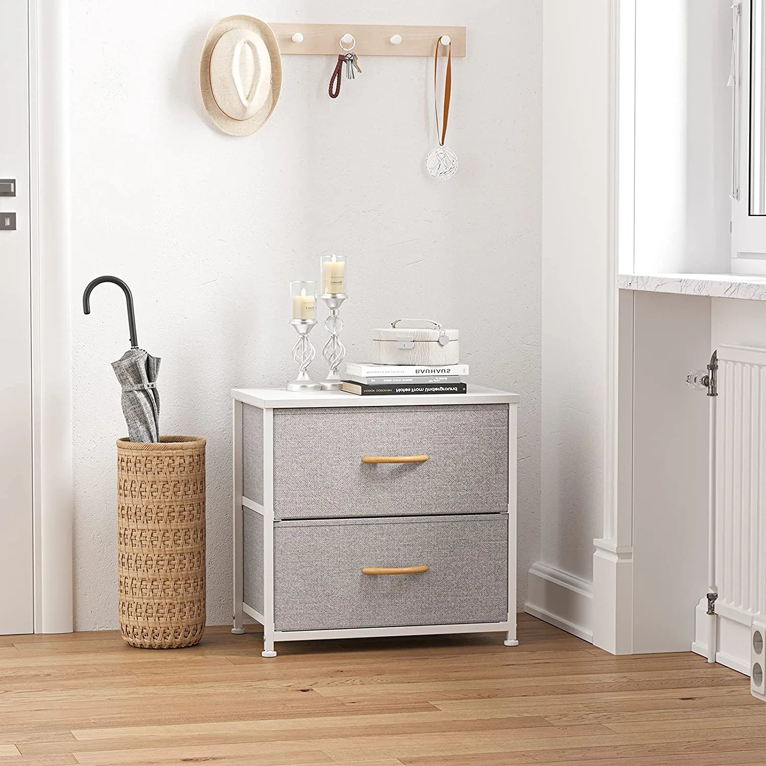 Dresser Nightstand, beside Table for Bedroom, Small Kids Bedroom Fabric Tall Dresser 2 Drawer Storage Tower Organizer Unit for Hallway Entryway Closets, Steel Frame Wood Top, Light Grey
