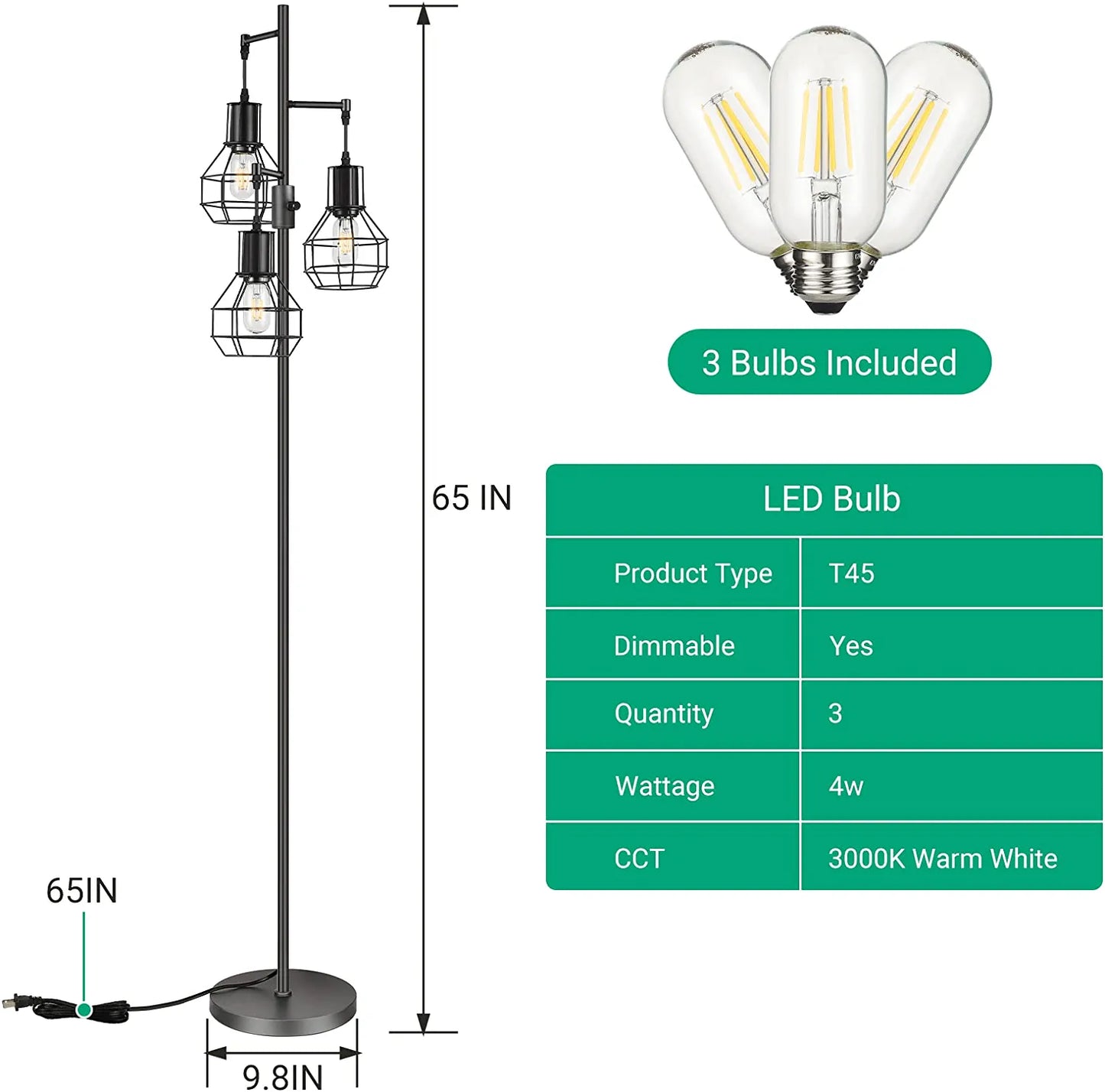 Industrial Floor Lamp, Dimmable Farmhouse Standing Lamp for Living Room, Sturdy Base, Rustic Tall Tree Reading Lamps Home Decor for Bedroom, Office, Black (3 LED Edison Bulbs Included)