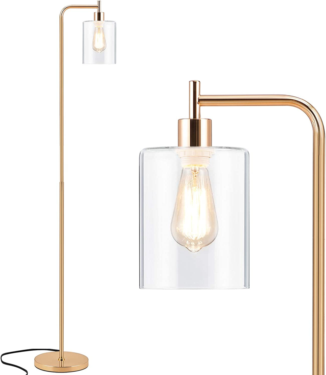 Gold Tall LED Floor Lamp Included Bulb, Modern Standing Lamp with Hanging Glass Shade, Farmhouse Indoor Simple Floor Lamp, Industrial Pole Light for Living Room, Bedroom, Office, Home Decor