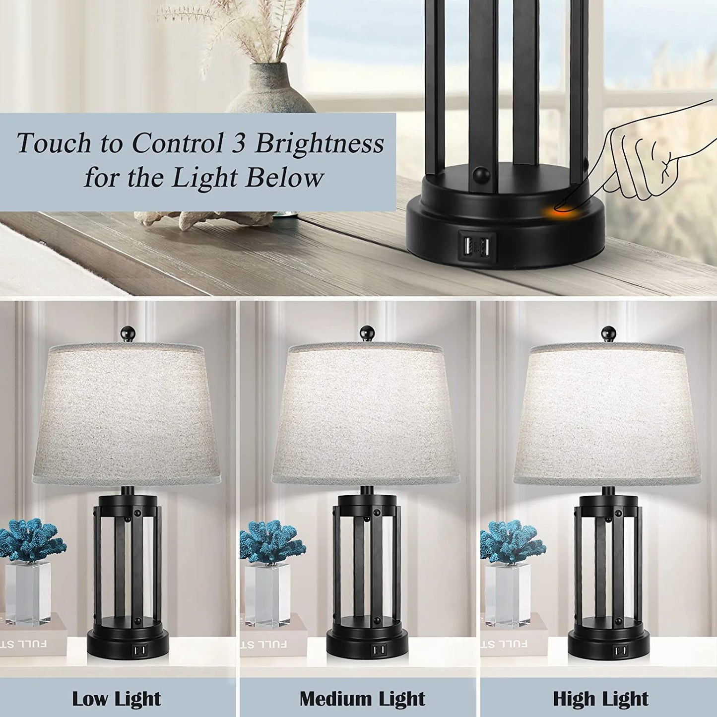 Table Lamps Set of 2 with USB Ports, 3-Way Dimmable Farmhouse Touch Lamps, Bedside Lamp for Bedroom with AC Outlet, Modern Black Nightstand Lamps Desk Lamp for Living Room Reading, Bulbs Included