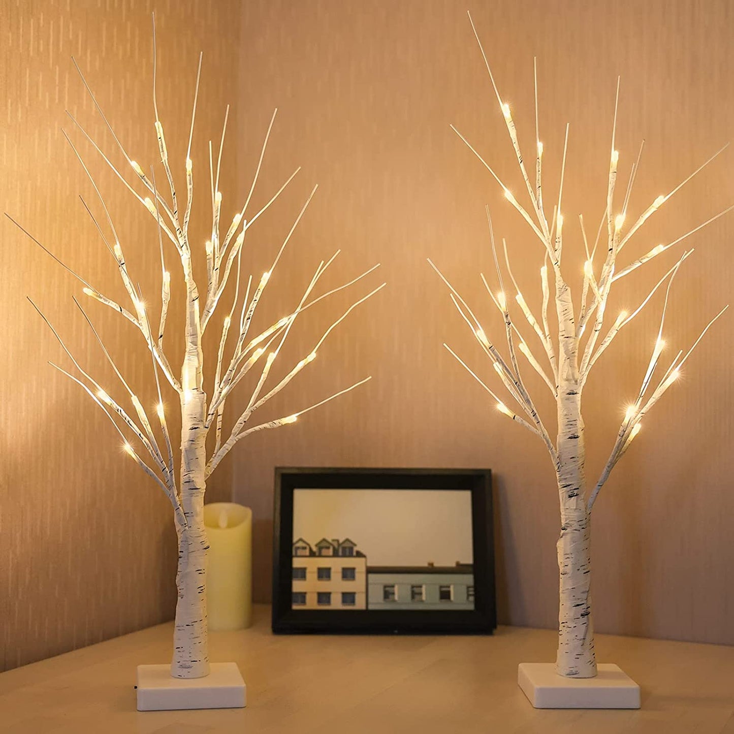 2-Pack 2FT Lighted Birch Tree for Tabletop, Birch Christmas Tree with Lights, Warm White 48 Leds Birch Tree Light for Christmas Decorations Indoor Bedroom Home Wedding Holiday Thanksgiving Gifts