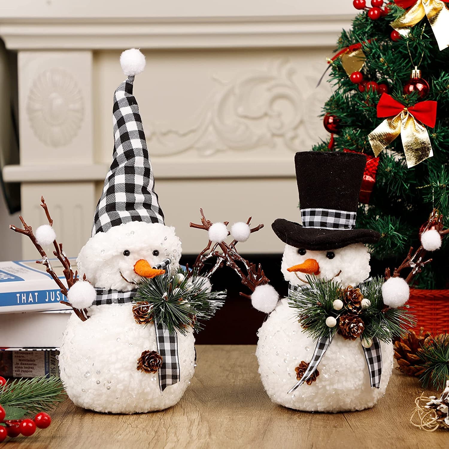 Christmas Table Decorations, Set of 2 Snowman with Pine Cone Twigs, Winter Tabletop Decor for Indoor Home Kitchen Fireplace Office Room Xmas Gifts Holiday Party