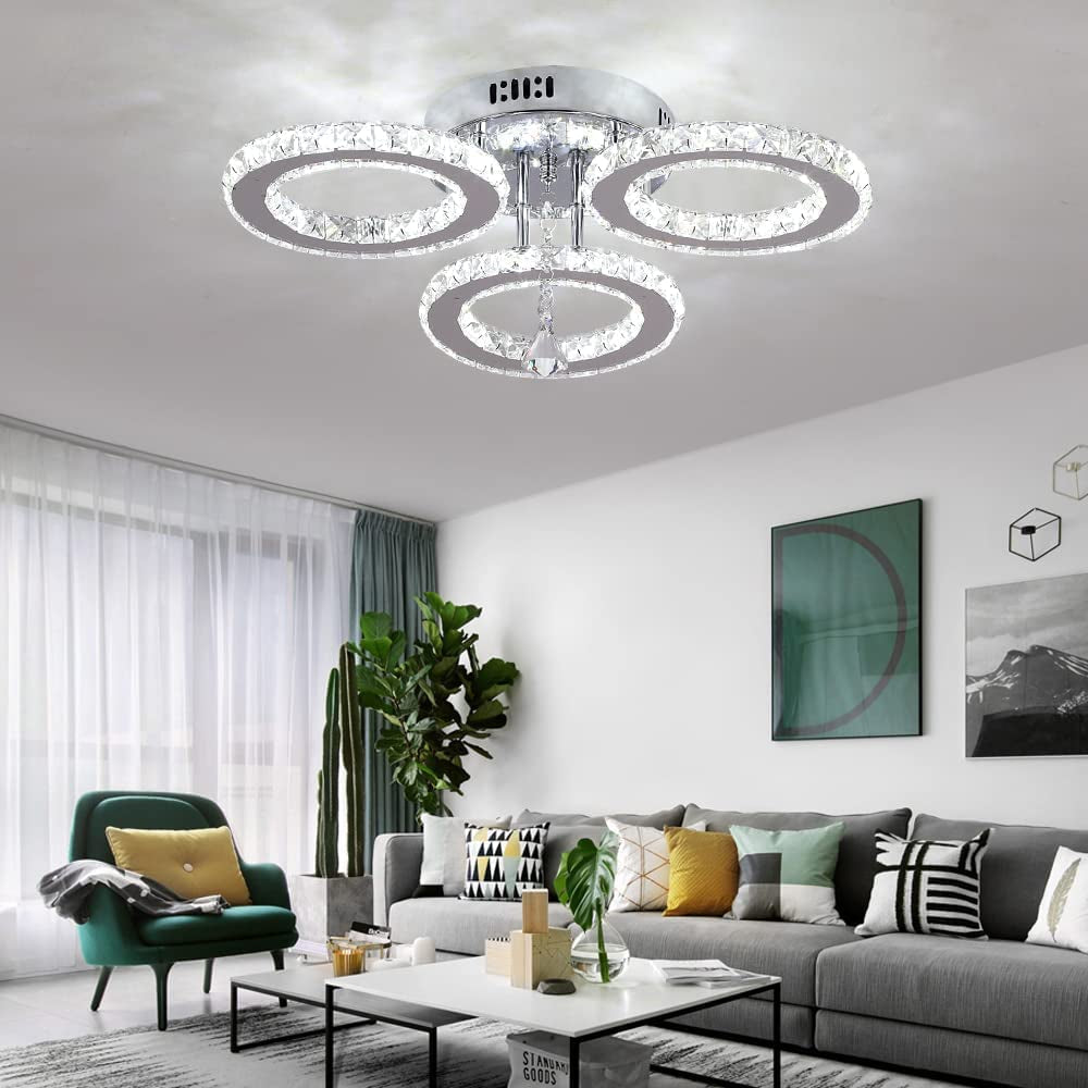Deckrico Modern Crystal Chandelier Flush Mount Stainless Steel Pendant Ceiling Lamp 3-Rings round LED Light Fixtures for Living Room Bedroom Restaurant Porch Dining Room (Cool White)