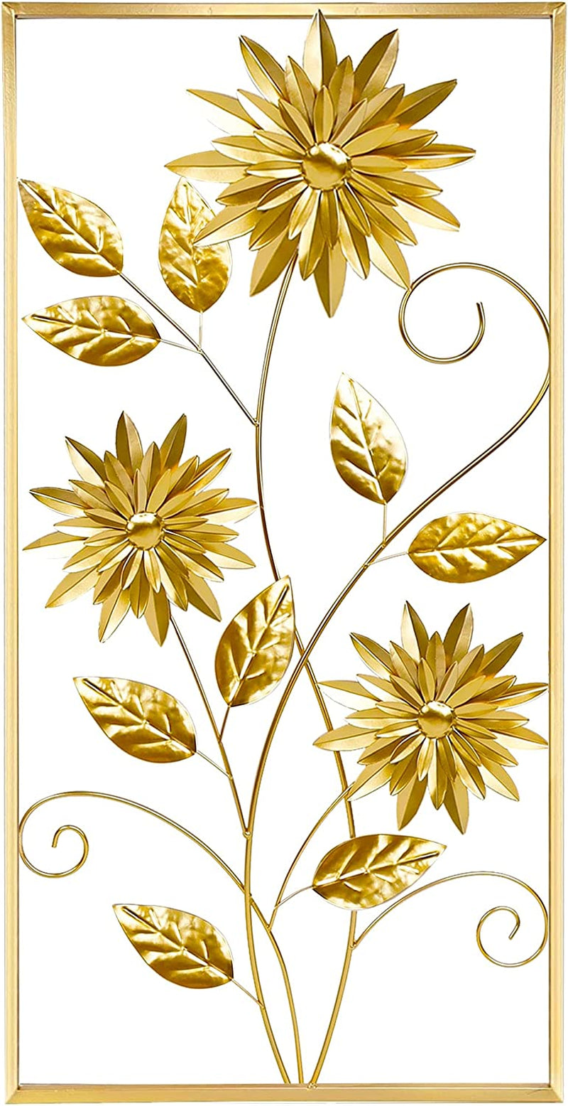 Gold Wall Sculptures, 39 Inch Golden Rectangular Metal Wall Decor with Frame, Gold Metal Flower Wall Art Sculpture for Living Room, Bedroom, Office, Study, Large (Golden-1 Pack)