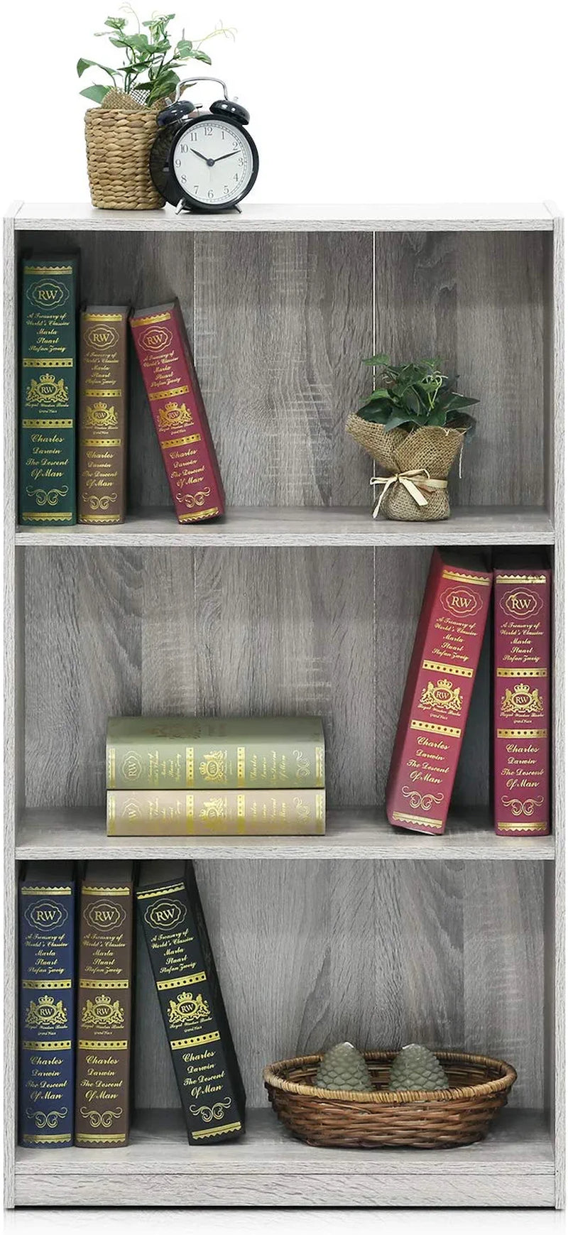 Basic 3-Tier Bookcase Storage Shelves, French Oak Grey