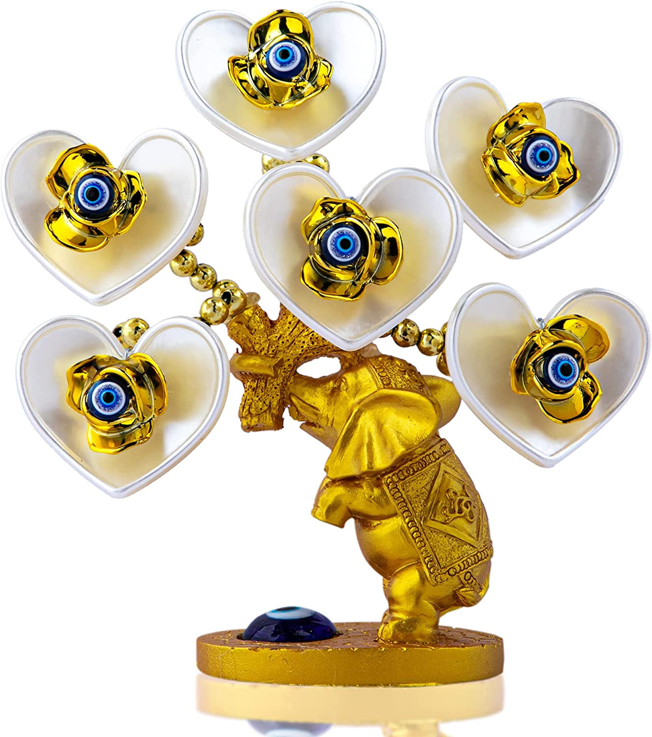 Blue Evil Eye Money Tree with Painted Golden Elephant Figurine White Artificial Flowers Home Office Protection Decoration Feng Shui Ornament