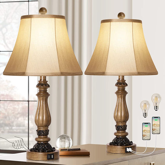 Set of 2 Farmhouse Table Lamp with USB Ports, 3-Way Dimmable Touch Control Lamps, Traditional Rustic Bedside Lamps with Outlet, Bedroom Bedside Lamps Nightstand Lamps for Living Room, Bulbs Included