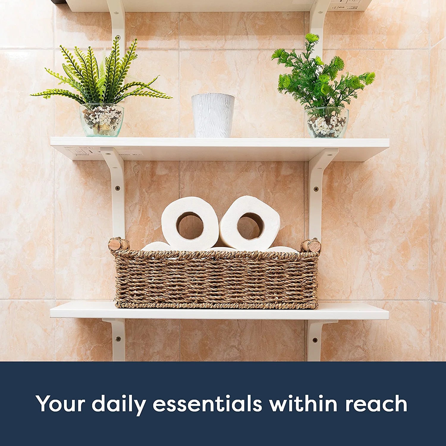 Wicker Storage Basket for Toilet Paper – Set of 2 Toilet Paper Holder for Bathroom Organization – Premium Wooden Handles and Durable Seagrass Design – Versatile Bathroom Counter Organizer