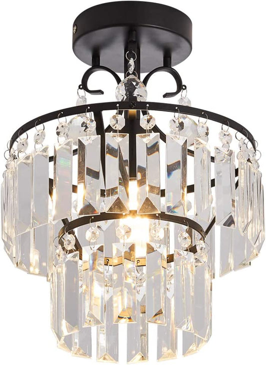 Small Crystal Raindrop Mini Chandeliers Semi Flush Mount Ceiling Light Fixture Small Ceiling Lamp for Hallway Bar Kitchen Dining Room Living Room