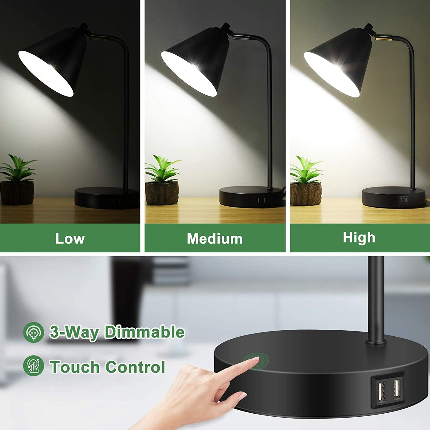 Industrial 3 Way Dimmable Touch Control Desk Lamp with 2 USB Ports & AC Outlet Bedside Nightstand Reading Lamp Flexible Head Farmhouse Black Table Lamp for Office Bedroom Living Room Bulb Included