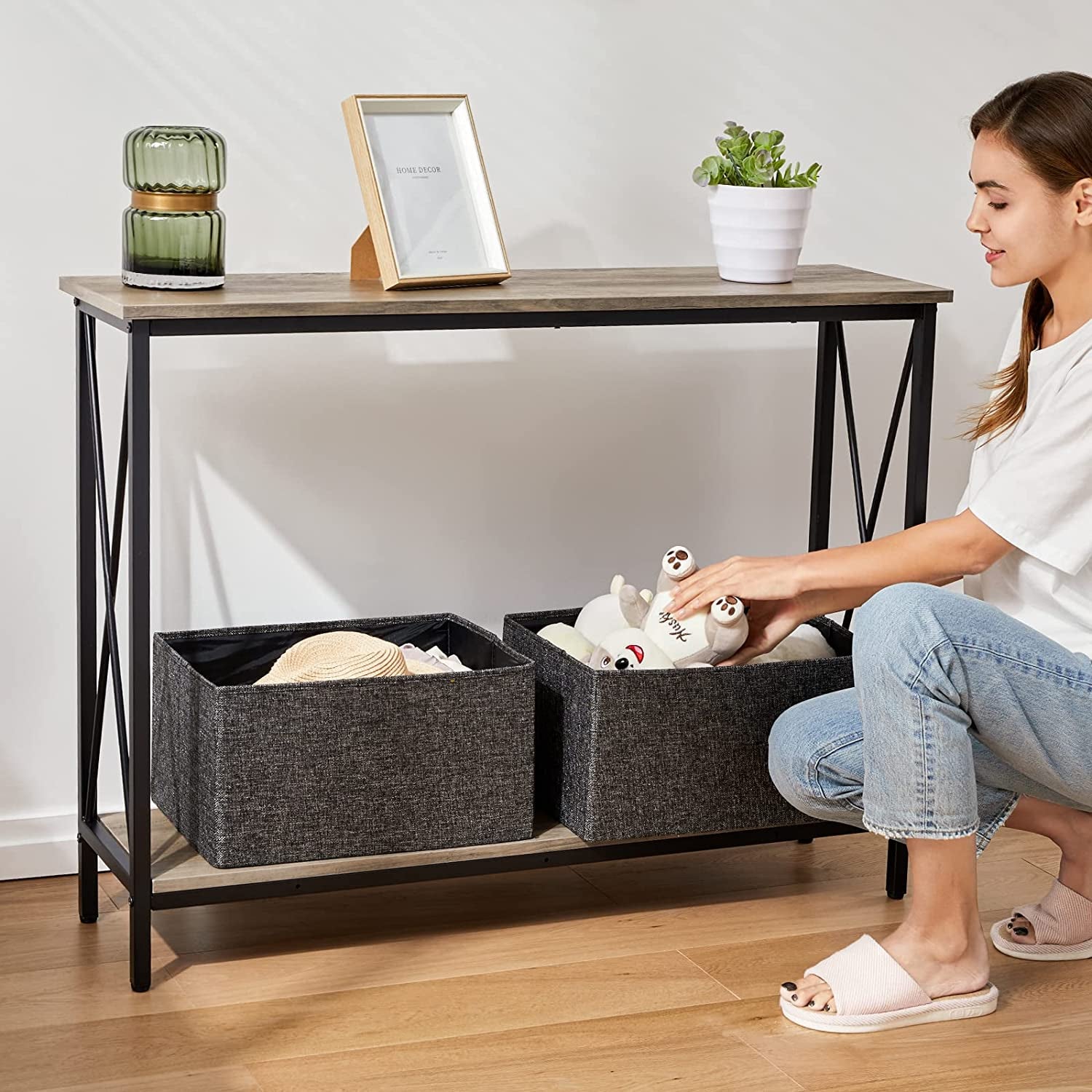 Console Table, Narrow Sofa Table with Shelves, 2 Tier Industrial Entryway Table W/Metal Frame for Hallway/Foyer/Corridor/Front Hall, 40 X 11.81 X 31.5 Inches -Greige and Black