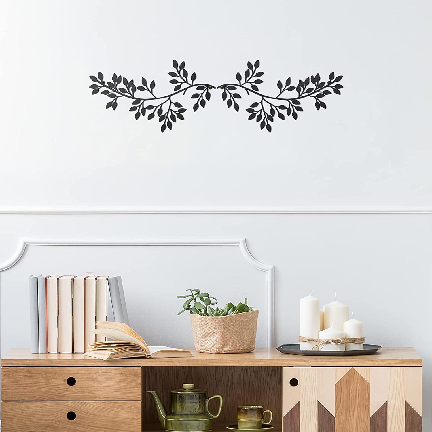 2 Pieces Metal Tree Leaf Wall Decor Vine Olive Branch Leaf Wall Art Wrought Iron Scroll Sculptures above the Bed, Living Room, Outdoor Decoration (Black)