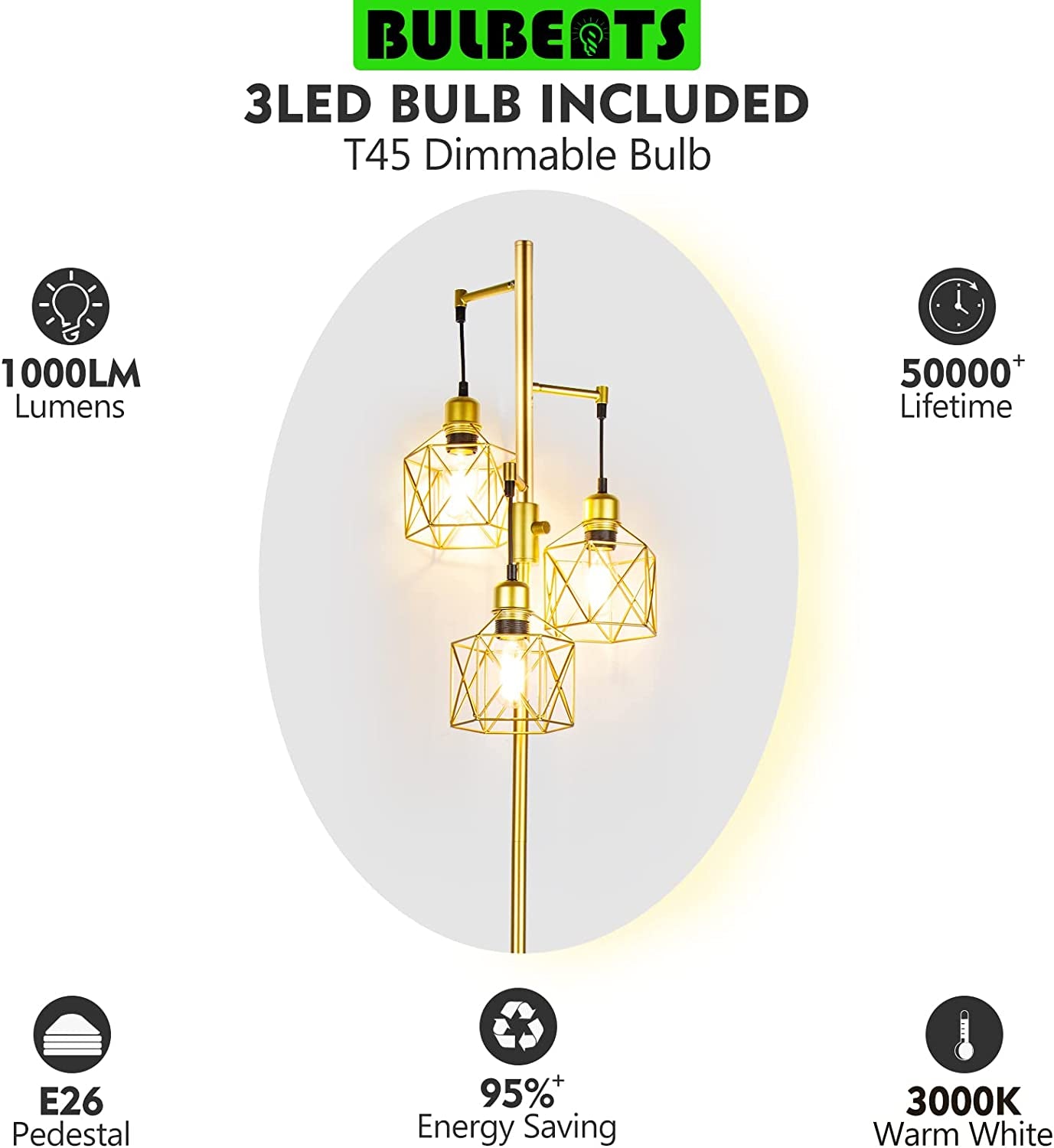 Decorative Gold Floor Lamp,3-Light Farmhouse Floor Lamps for Living Room with Smooth Dimmable ( Adjust Brightness Nightlight ), Modern Style Standing Tall Lamp of Diamond Cage - Bulb Included
