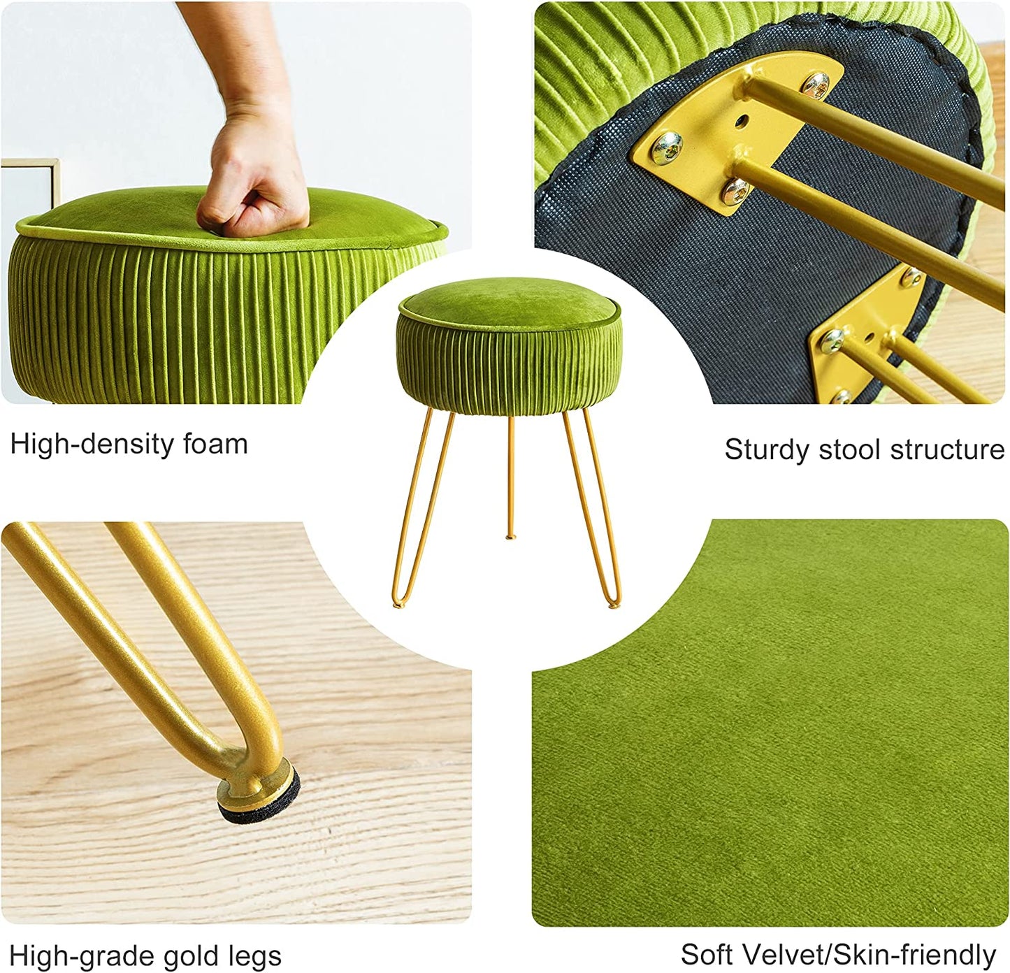 Mid Century Modern Velvet Upholstered Pleated round Footrest Stool Ottoman with Metal Legs, Home Multifunctional Luxury Ottoman Suitable for Living Room and Bedroom