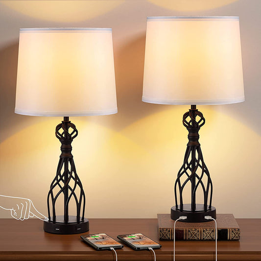 Set of 2 Touch Control Table Lamp with 2 USB Ports, 3-Way Dimmable Modern Nightstand Lamp Sets, Bedroom Lamp Set of 2 with Fabric Shade, Bedside Touch Desk Lamp for Bedroom Living Room(Bulbs Included)