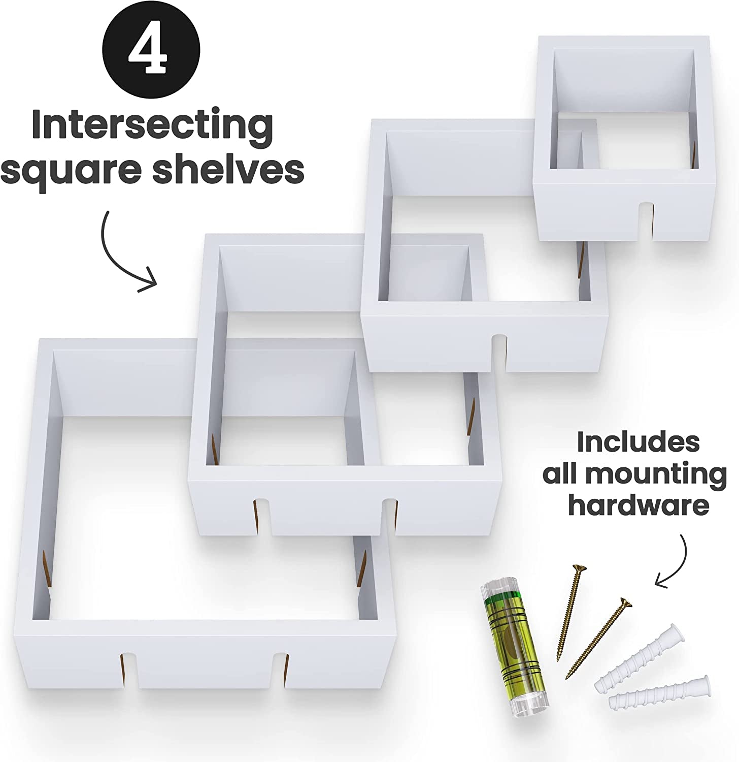 Gray Floating Cube Shelves - Intersecting Wall Mounted Shelves - Wall Decor Square Shelves for Bedrooms, Living Rooms & More - Set of 4 Box Shelves