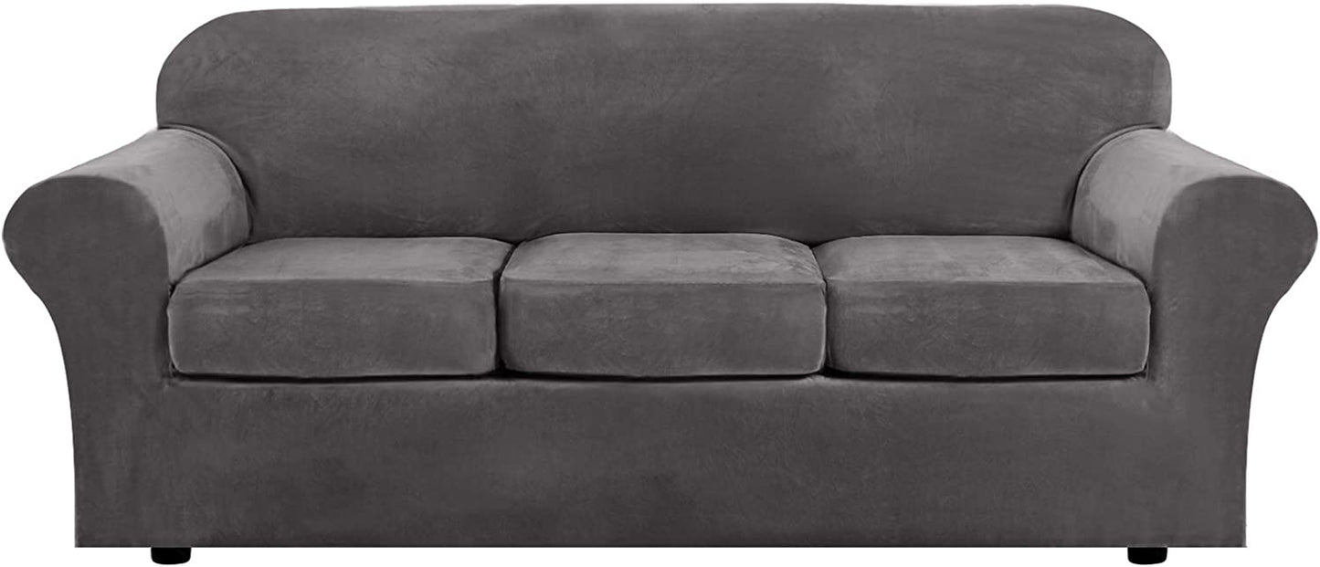 Modern Velvet Plush 4 Piece High Stretch Sofa Slipcover Sofa Cover Furniture Protector Form Fit Luxury Thick Velvet Sofa Cover for 3 Cushion Couch, Machine Washable (Sofa,Gray)