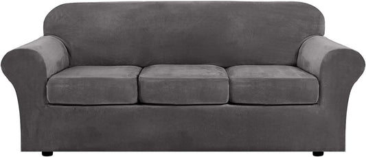 Modern Velvet Plush 4 Piece High Stretch Sofa Slipcover Sofa Cover Furniture Protector Form Fit Luxury Thick Velvet Sofa Cover for 3 Cushion Couch, Machine Washable (Sofa,Gray)