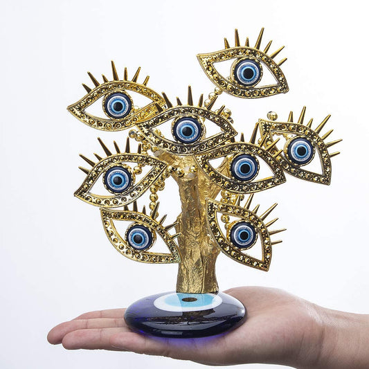 Golden Turkish Evil Eyes Tree with Blue Evil Eye Base for Home Decor Luck Gift