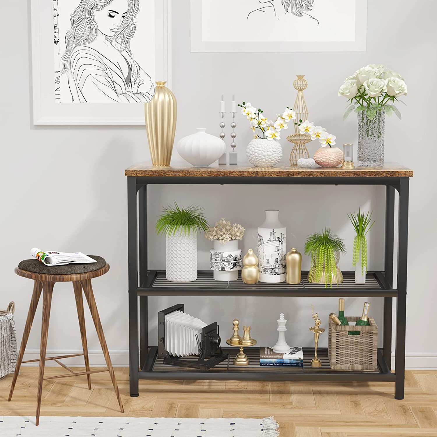 Small Console Table, Sofa Table with Double Mesh Shelves, Industrial Entryway Table for Entryway, Hallway, Foyer, Front Hall, Sofa Couch, Living Room, Bar, Kitchen, 32 Inch, Rustic