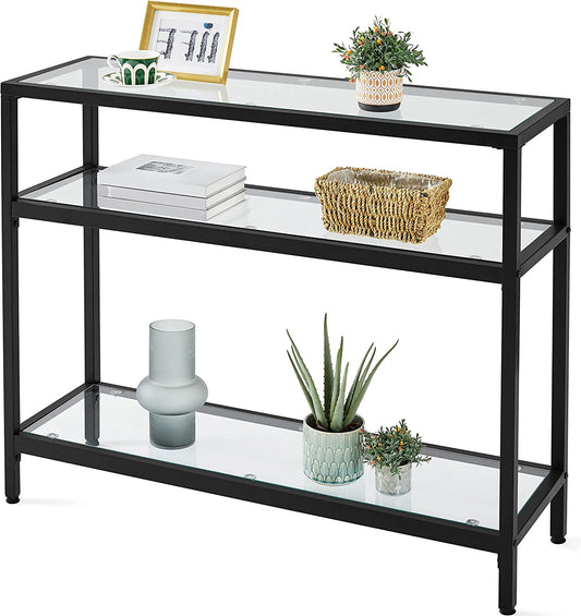 39.5" Console Table with 3 Shelves,Tempered Glass Sofa Table, Modern Entryway Table, Metal Frame for Entryway Living Room Bedroom, Easy Assembly, Black