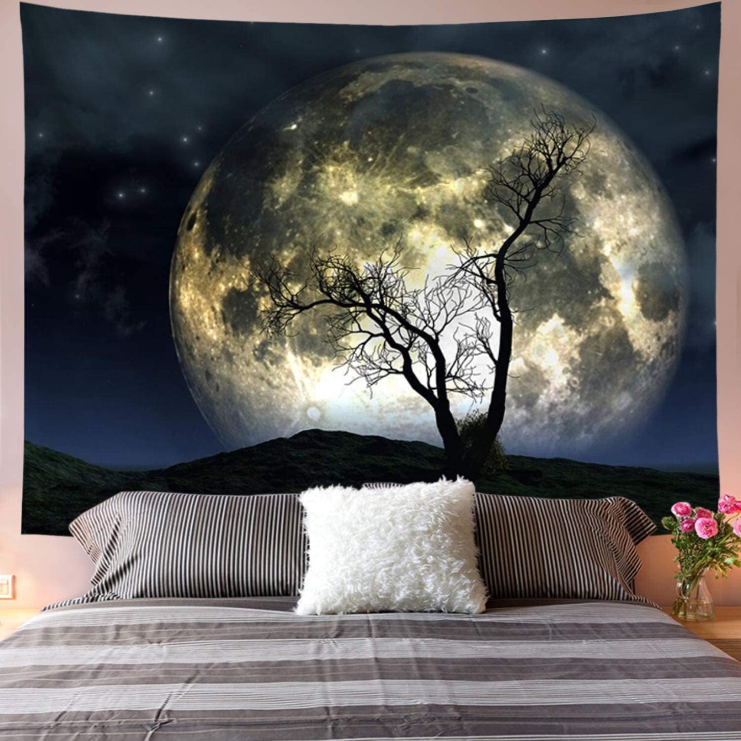 Moon Tapestry Galaxy Tapestry Tree Tapestry Starry Sky Tapestry Mystic Psychedelic Art Tapestry Wall Hanging for Home Decor(H51.2×W59.1 Inches)