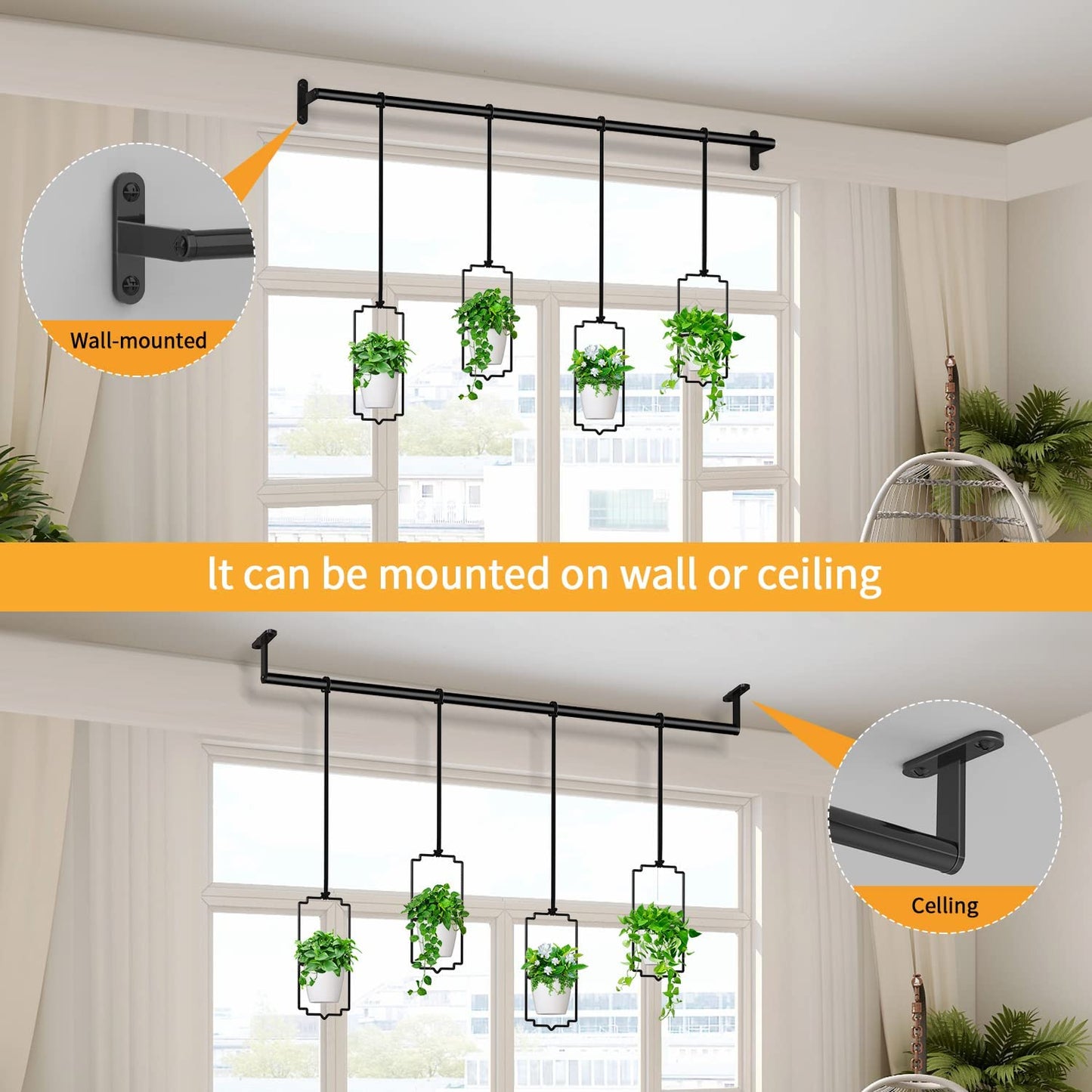 4Pcs Hanging Planters for Window, Wall and Ceiling Plant Hanger with Plastic Pots