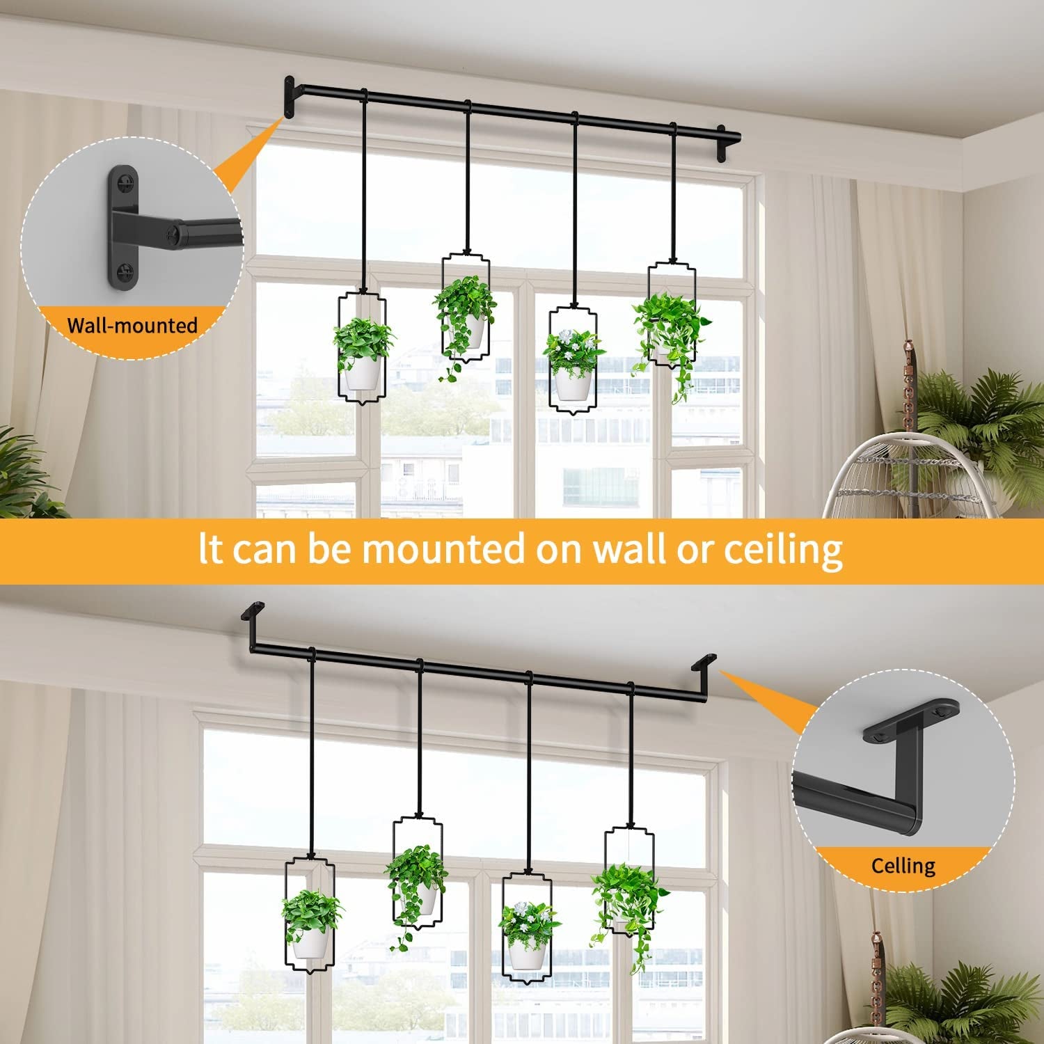 4Pcs Hanging Planters for Window, Wall and Ceiling Plant Hanger with Plastic Pots