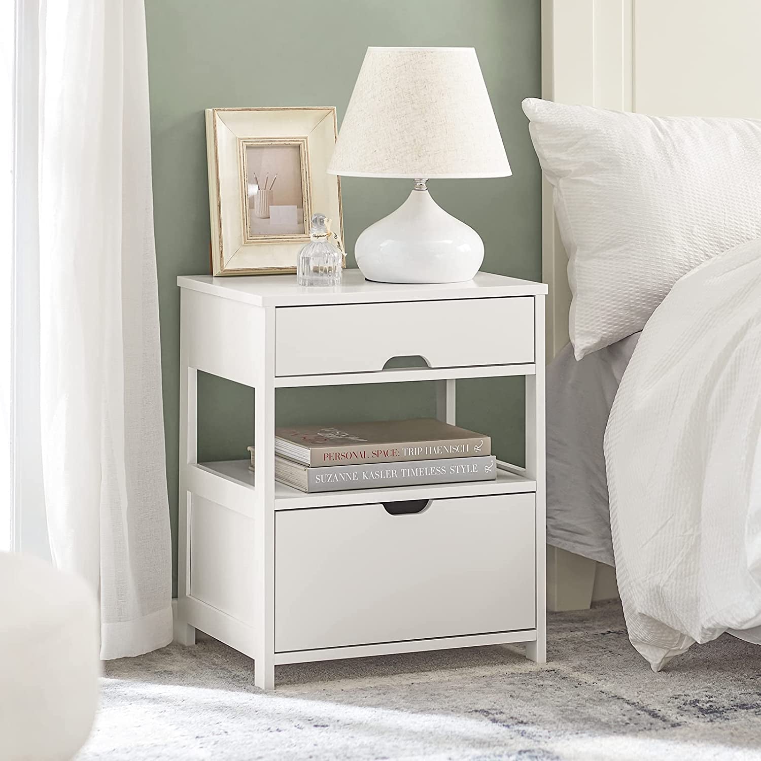 FRG258-W, White Nightstand with 2 Drawers, Bedside Table, End Table, Side Table, Lamp Table