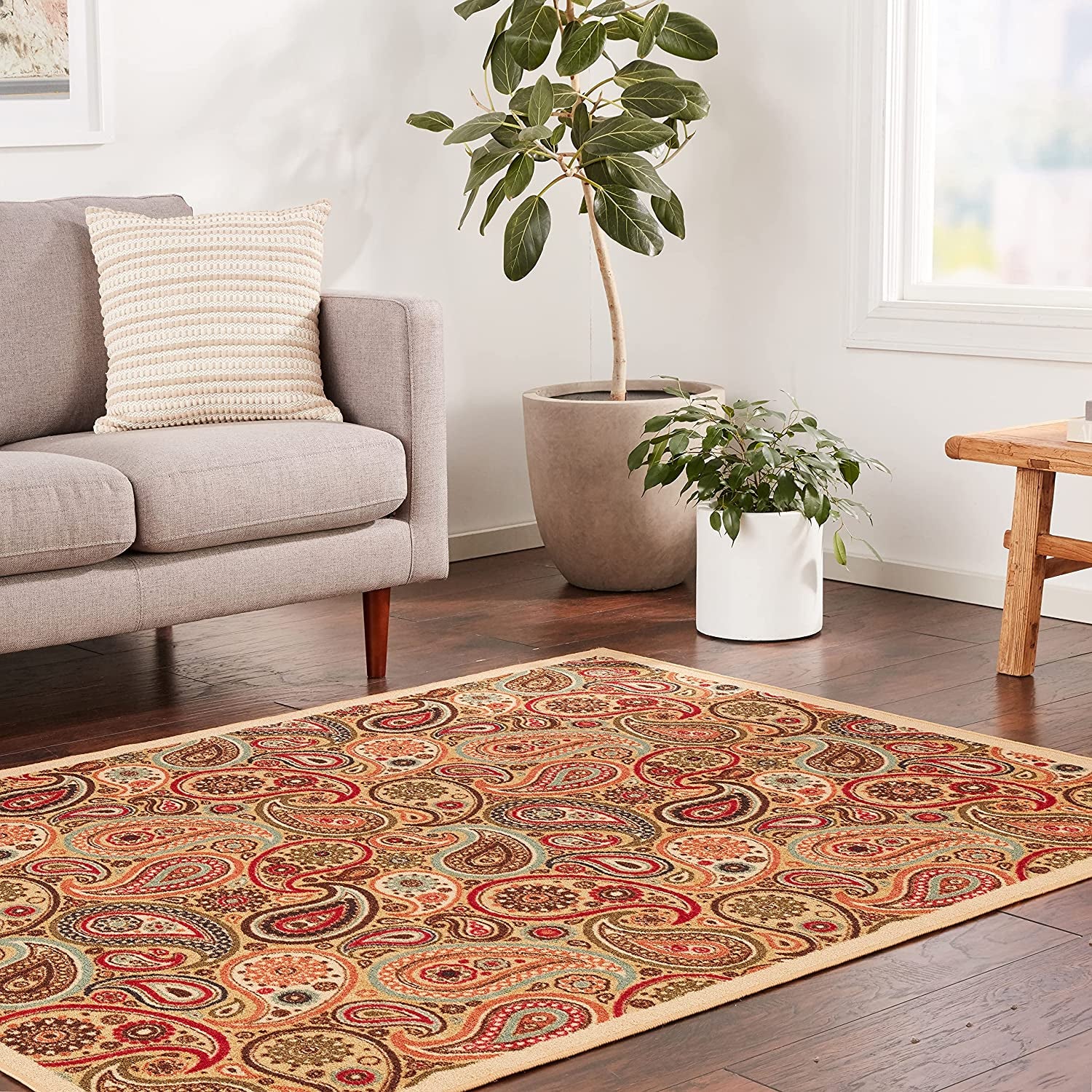 Ottohome Collection Non-Slip Rubberback Paisley Design 5X7 Indoor Area Rug, 5' X 6'6", Beige