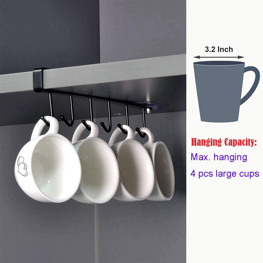 Alich 2Pcs Mug Hooks under Cabinet Mug Holder Rack,Nail Free Adhesive Coffee Cups Holder Hanger for Cups/Kitchen Utensils/Ties Belts/Scarf/Keys Storage, Fit for 0.8Inch Thickness Shelf or Less (BLA)