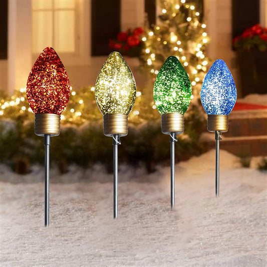 Christmas Decorations, 4PK Pre-Lit Jumbo C Bulb Pathway Markers Lights 4-Color Assorted Outdoor Stake Micro LED Light Decoration