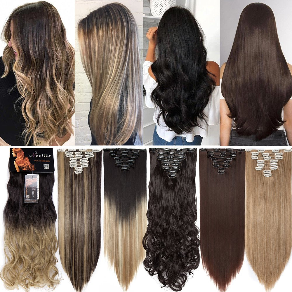 Benehair Clip in Hair Extensions Full Head Long Thick 8 Pieces Hair 18 Clips Curly Wavy Straight Hairpieces 100% Real Natural as Human Best Hair Set 24'' Curly Dark Brown & Ash Blonde
