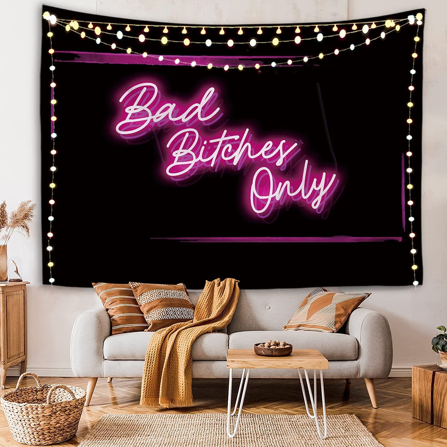 Decorative Wall Tapestry,Bad Bitches Only Words in Neon Light for Bedroom Living Room Outdoor,51Hx60L Inch