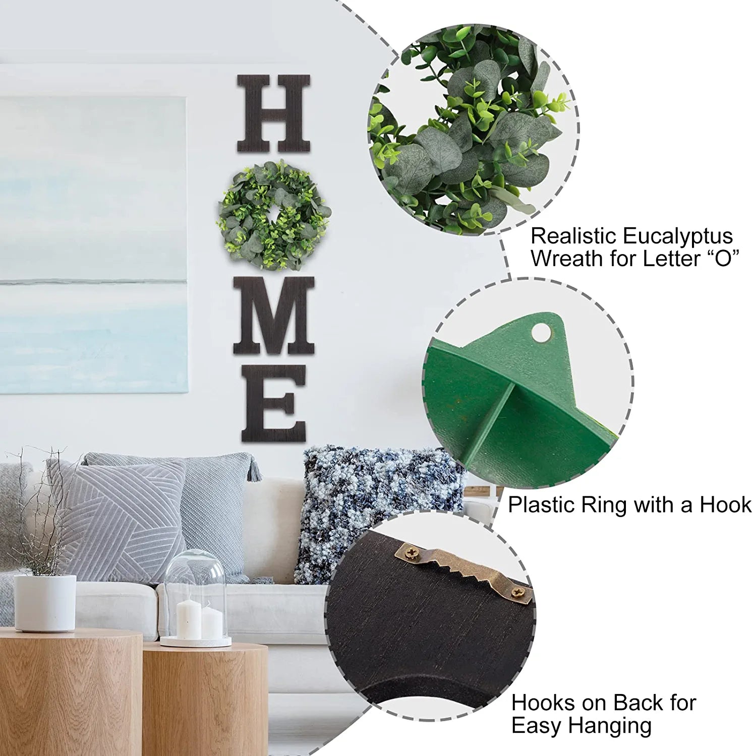 Home Sign Wall Decor Wooden Farmhouse Wall Decor Hanging Letters Home Sign with Eucalyptus Wreath for Front Door Living Room Entryway Kitchen Bathroom Housewarming