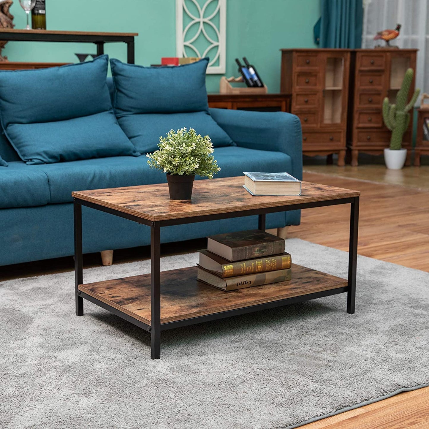 Coffee Table with Metal Frame,2-Tier Tea Table with Storage Shelf,Cocktail Table TV Stand Side End Table, Accent Furniture for Home Office Living Room