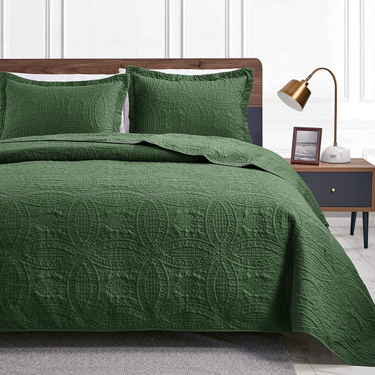 Twin Quilt Set Olive Green Bedspreads - Soft Bed Summer Quilt Lightweight Microfiber Bedspread- Modern Style Coin Pattern Coverlet for All Season - 2 Piece (1 Quilt, 1 Pillow Sham)