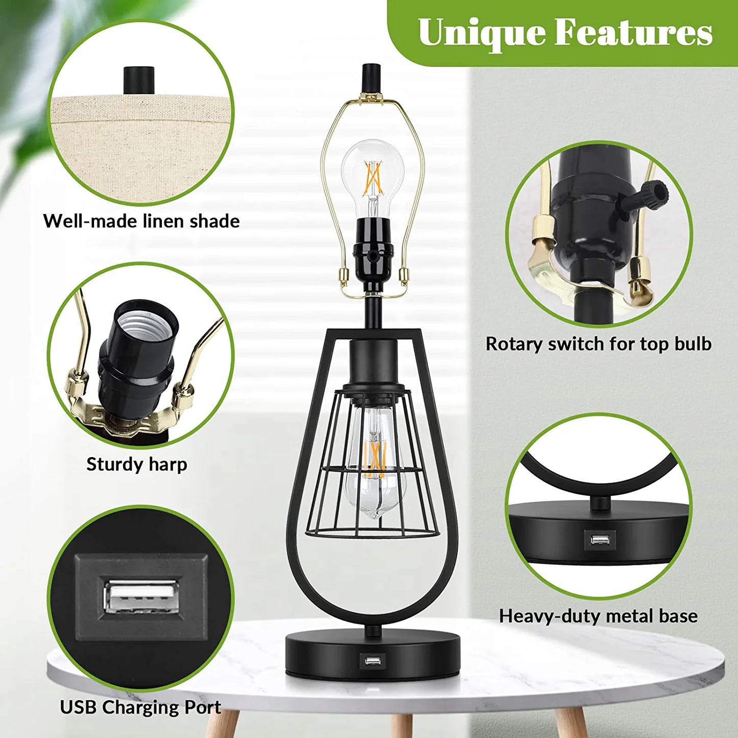 Set of 2 Industrial Touch Control Table Lamps with USB Port, 3-Way Dimmable Farmhouse Bedside Nightstand 2-Lights Lamps for Bedroom Living Room Reading, Cream Fabric , Black Metal Base, Bulbs Included