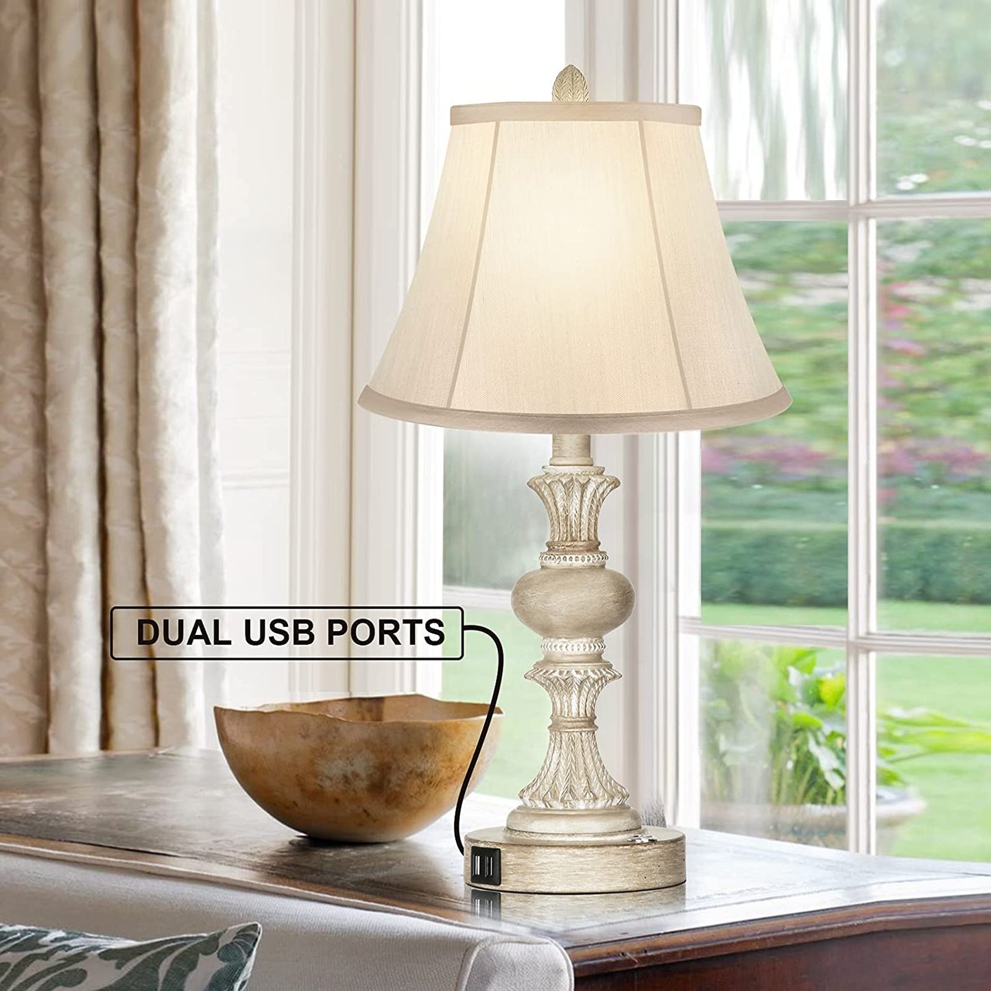 Touch Control Table Lamp Set of 2, 3-Way Dimmable Bedside Nightstand Lamp with 2 USB Charging Ports, Rustic Farmhouse Desk Lamp with Faux Silk Shade for Living Room, Bedroom - Washed White