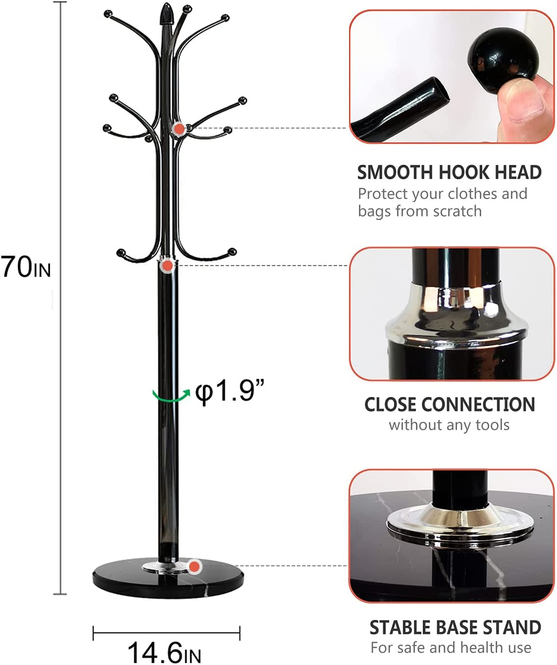 Kertnic Metal Coat Rack Stand with Natural Marble Base, Free Standing Hall Tree with 12 Hooks for Hanging Scarf, Bag, Jacket, Home Entry-Way Hat Hanger Organizer (Black)