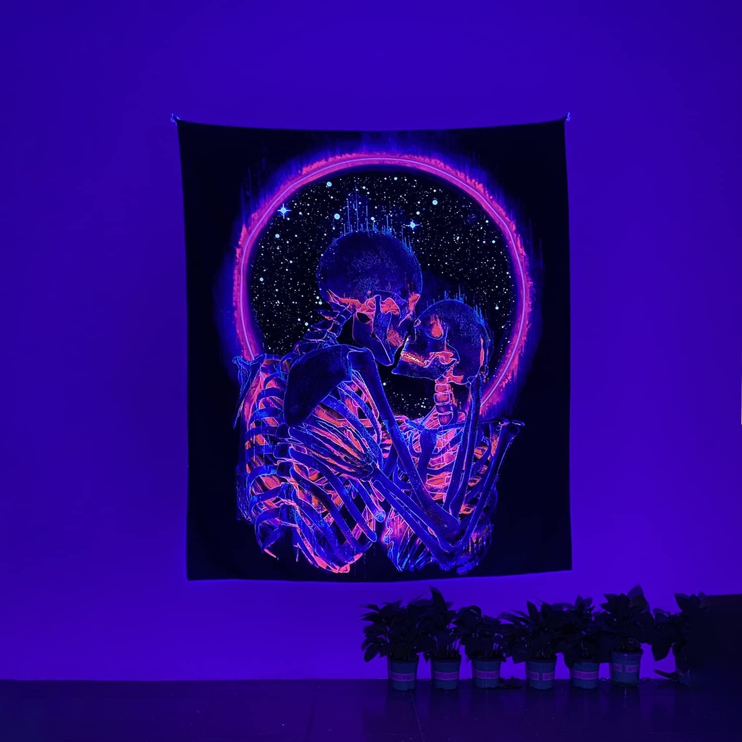 Blacklight Skull Tapestry, the Kissing Lovers Tapestry UV Reactive Trippy Neon Tapestries Glow in the Dark Party Backdrop, Skeleton Wall Art for Bedroom Living Room – 51.2” X 59.1”